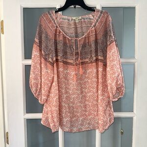 Como Blu Womens 2X Floral 3/4 Balloon Sleeve Peasant Top Babydoll Tie Neck New